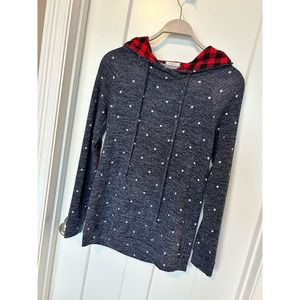 12pm‎ by Mon Ami Polka Dot Plaid Patches Hooded Sweater Gray Red SZ small